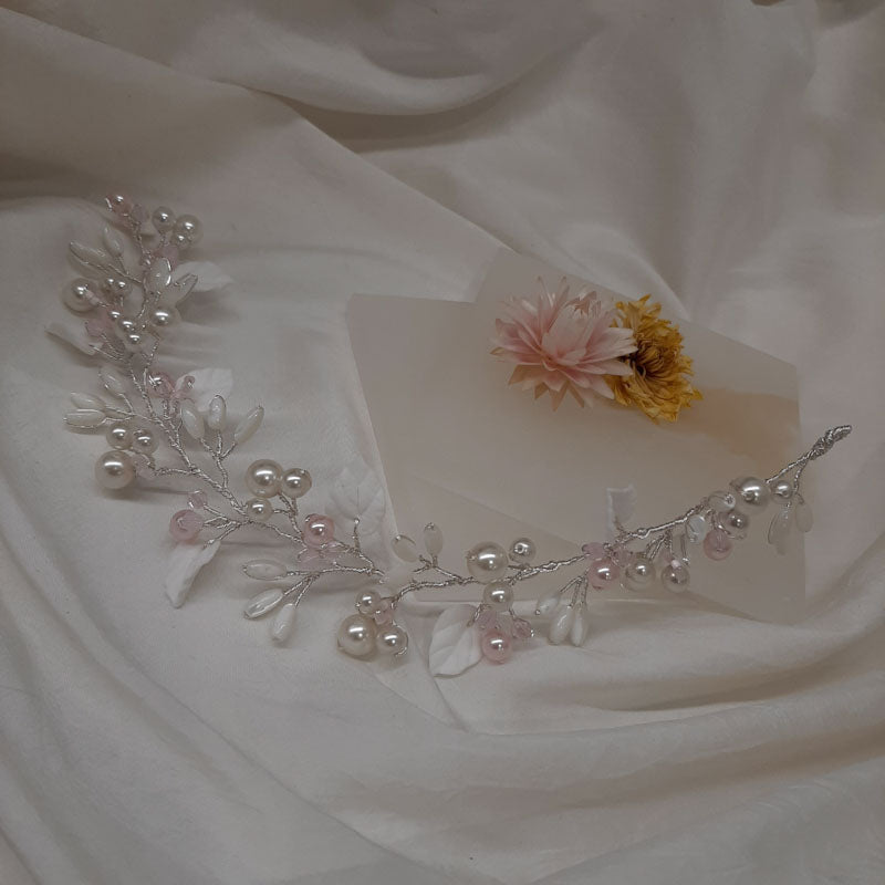 Custom MB - crystal base pearls and polymer clay leaves hair vine