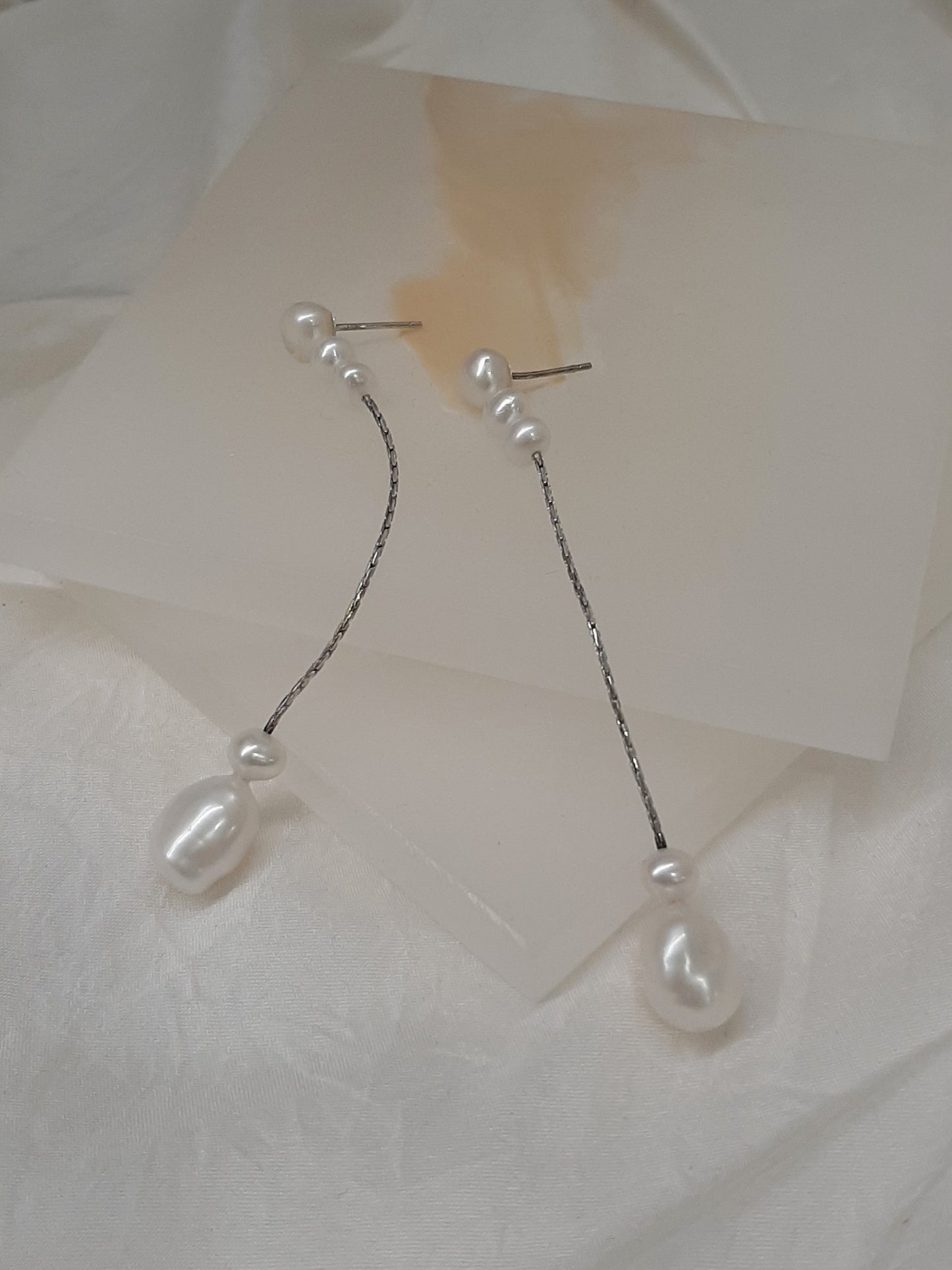 Anna - natural cultured freshwater pearls and sterling silver Boston chain thread cascading stud earrings