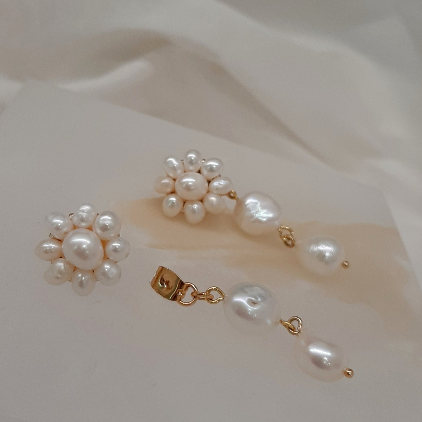 Bridget - seed bead studs and natural cultured freshwater pearls drop earrings