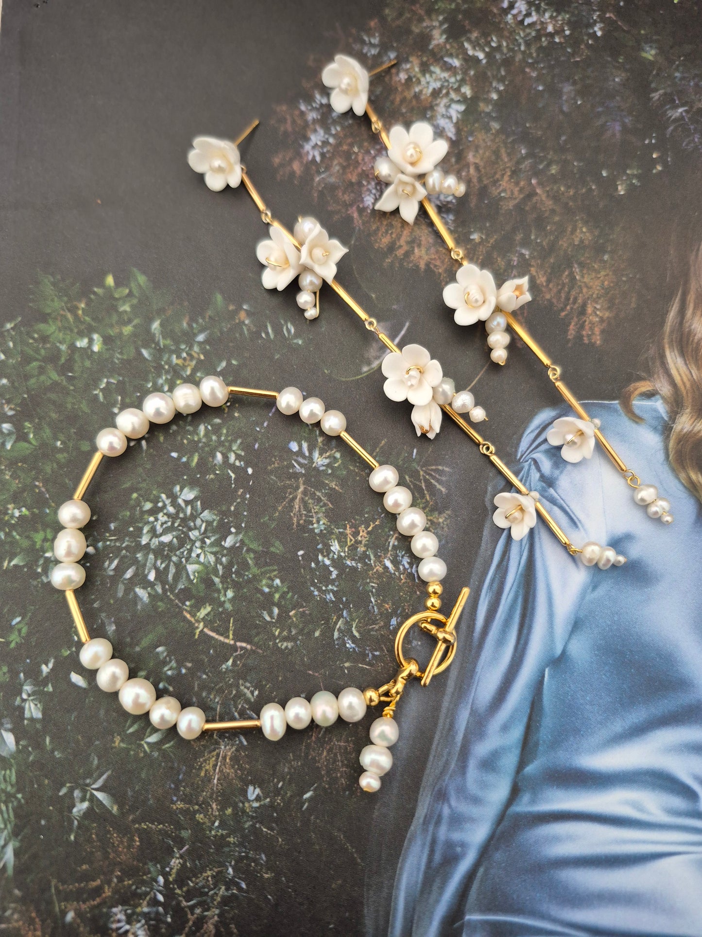 Custom SB - flower long cascading earrings and bracelet set