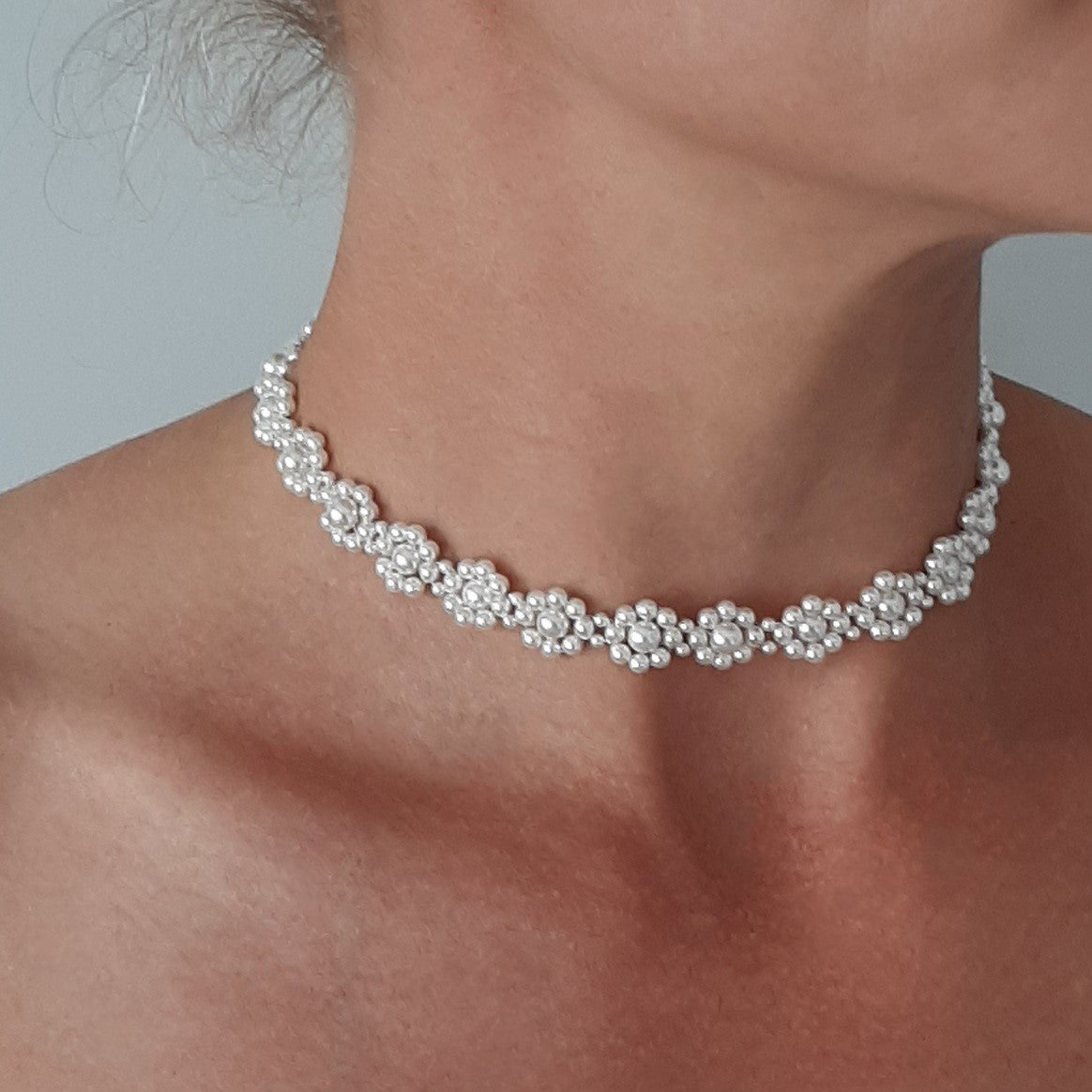Plum Blossom Daisy Flower Choker Necklace – Crystal Beads & Imitation Pearl With Toggle Clasp – Elegant Boho Clavicle Chain For Women & Girls - View #7