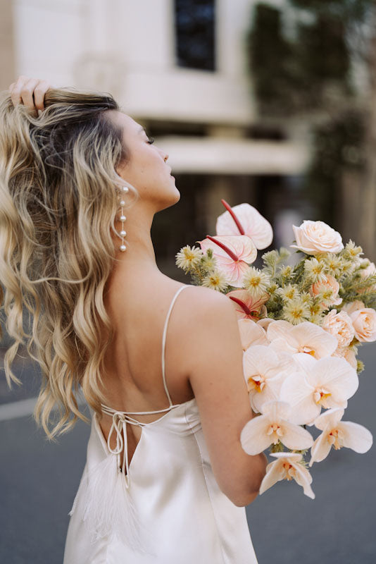 TESS - glorious round natural cultured freshwater pearls and Boston chain thread cascading stud earrings