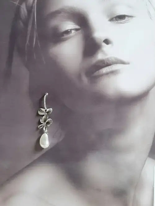 Abby - Silver or gold tone, cubic zirconia earwires and orchid shaped flowers with Swarovski crystal baroque pearl drop earrings