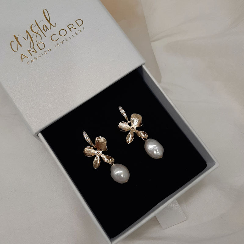 Matti - silver or gold orchid shaped flower with freshwater pearl drop earrings