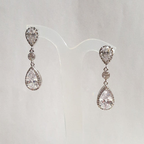 Cubic Zirconia crystal clear silver-tone pear shaped drop and stud earrings