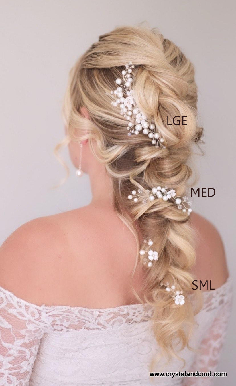 Pearlescent white with rhinestone center flower, pearl beads MEDIUM SIZE wedding hair pin