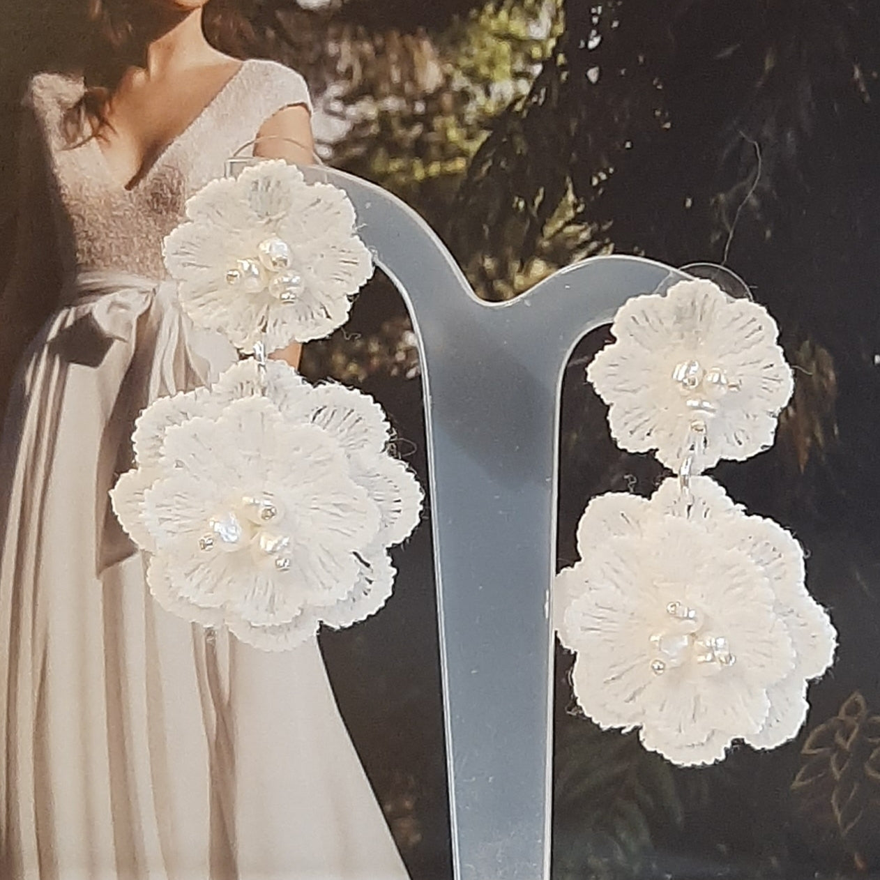 Milla - white lace and freshwater pearls flower drop stud earrings