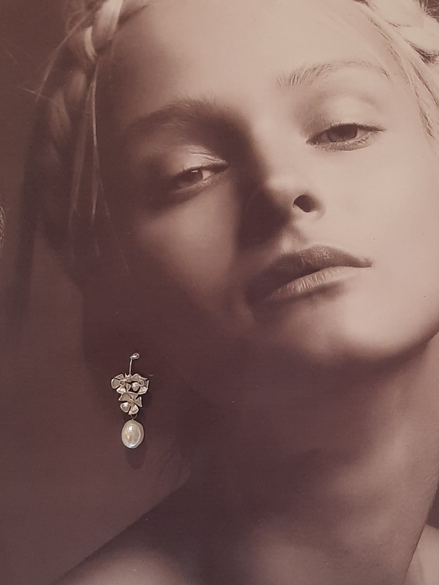 Maia - silver-tone triple flower rhinestone centered pearl drop earrings