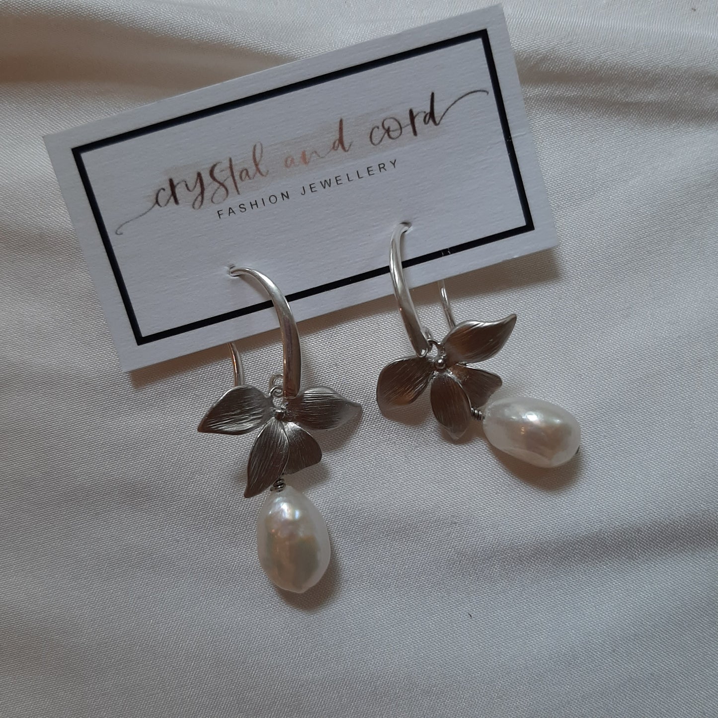 Liz - sterling silver earwires with or without cubic zironia's, orchid flower and pearl drop earrings