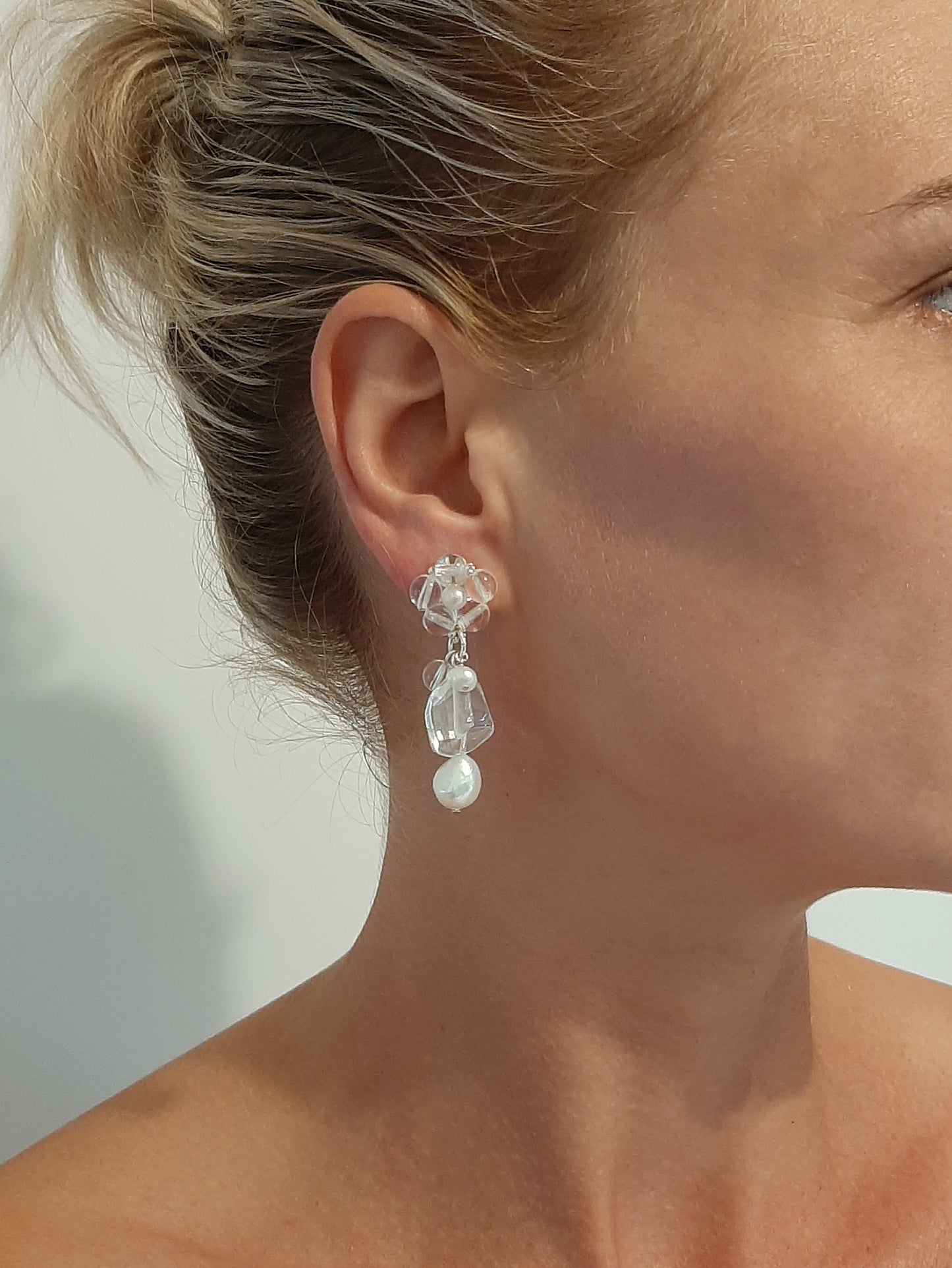 Elsa - natural cultured freshwater pearls and crystal clear glass beads cascading drop earrings