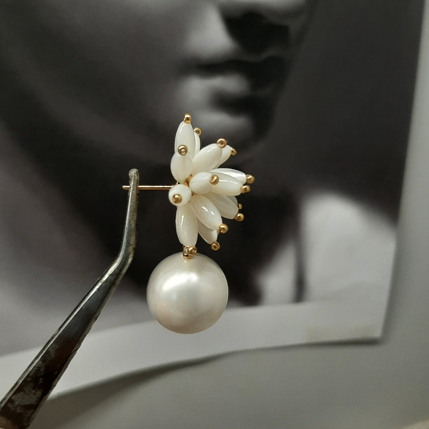 Helena - bursting half sphere and round pearl drop stud earrings