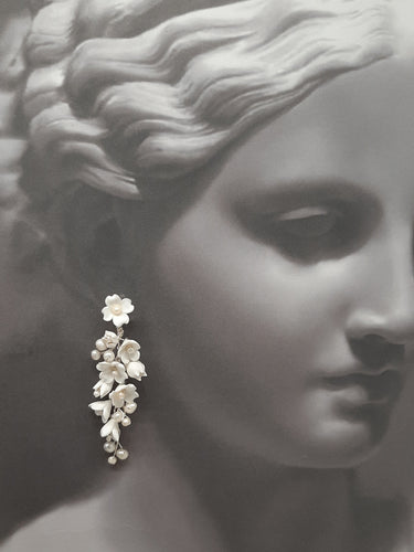 Lucia - polymer clay flowers, white freshwater pearls long cascading stud drop earrings and hair pins