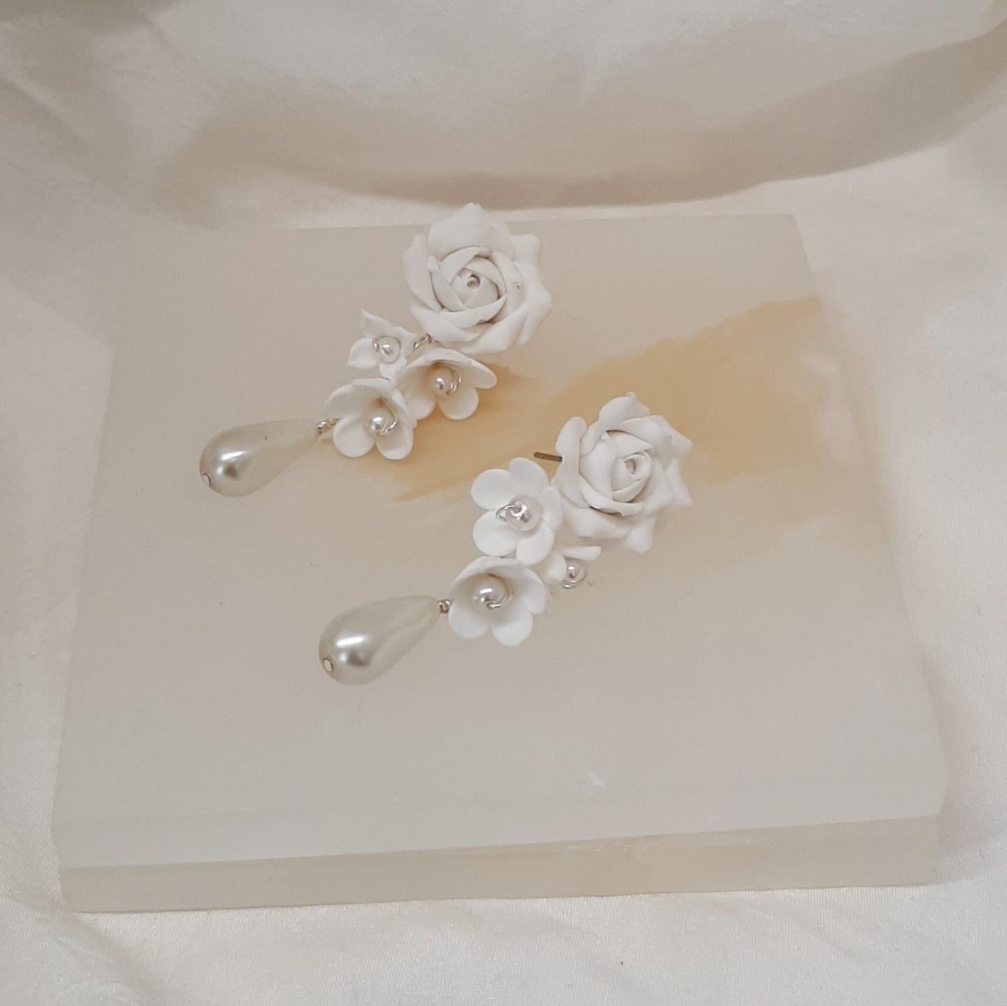 Rosie - ivory pearls, handmade rose and flower drop earrings