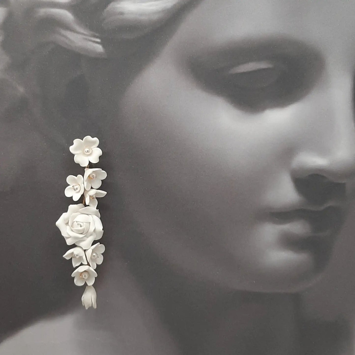 Rose - polymer clay flowers, white freshwater pearls long cascading stud drop earrings