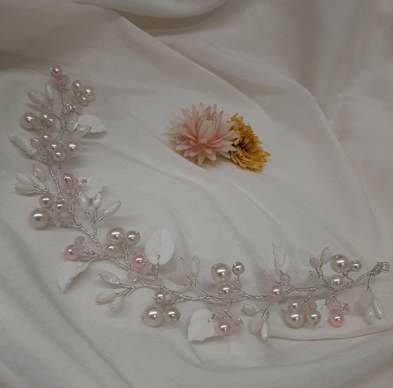 Custom MB - crystal base pearls and polymer clay leaves hair vine