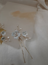 Load image into Gallery viewer, Custom KH - x3 hair pins, white flowers with blue tint, natural cultured freshwater pearls, gold tones