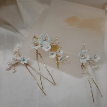 Load image into Gallery viewer, Custom KH - x3 hair pins, white flowers with blue tint, natural cultured freshwater pearls, gold tones