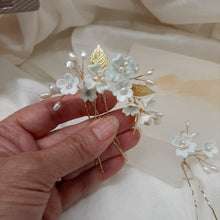 Load image into Gallery viewer, Custom KH - x3 hair pins, white flowers with blue tint, natural cultured freshwater pearls, gold tones