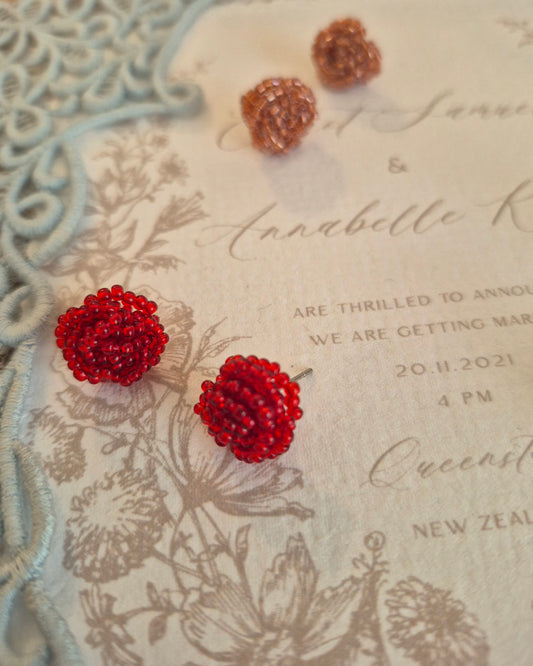 Ruby studs - hand beaded rose flower stud earrings