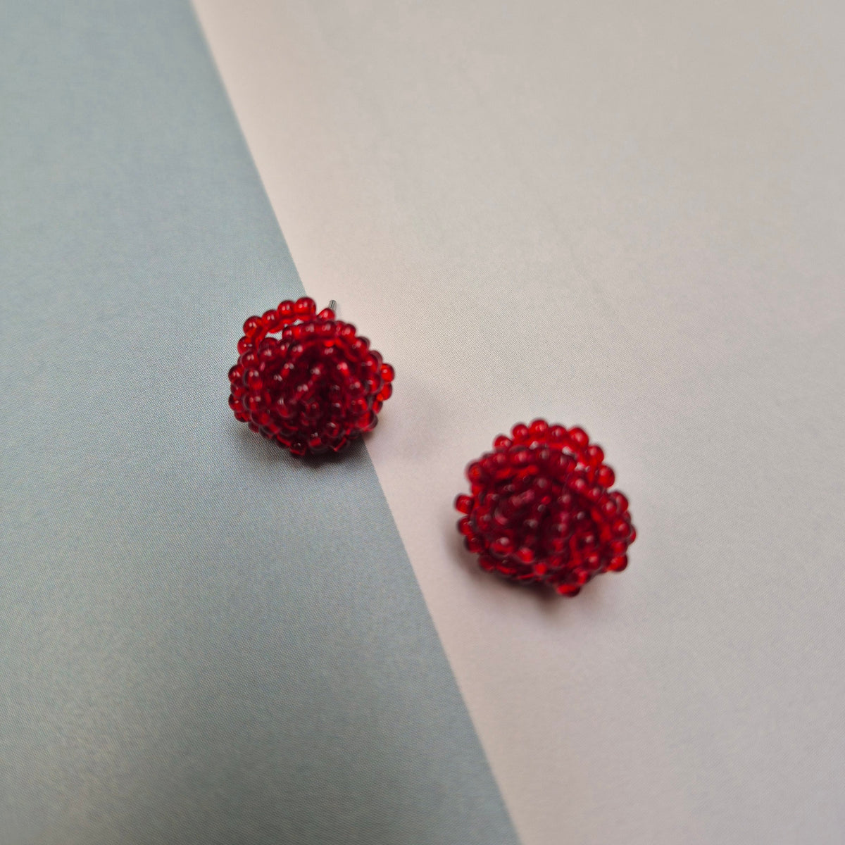 Ruby studs - hand beaded rose flower stud earrings