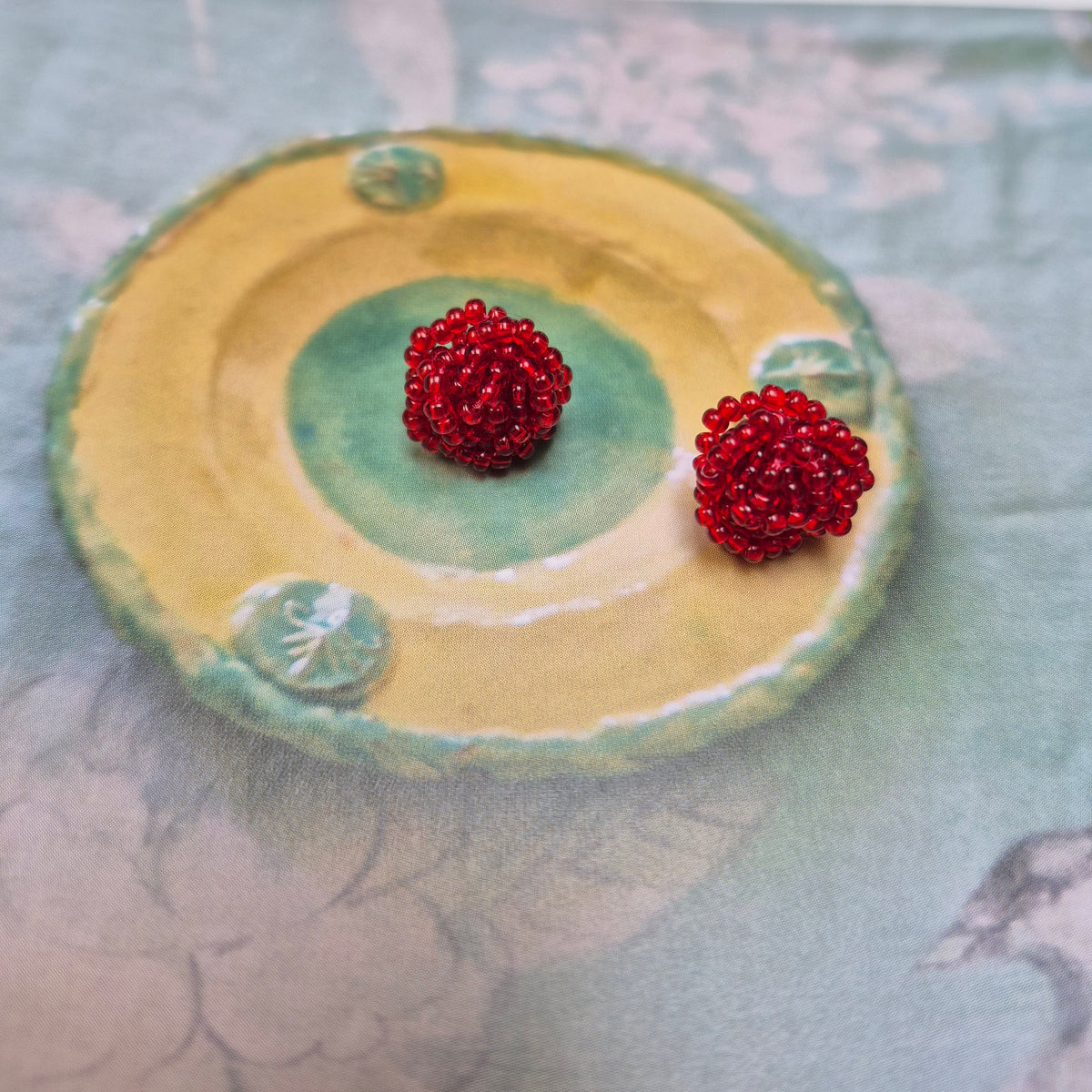 Ruby studs - hand beaded rose flower stud earrings