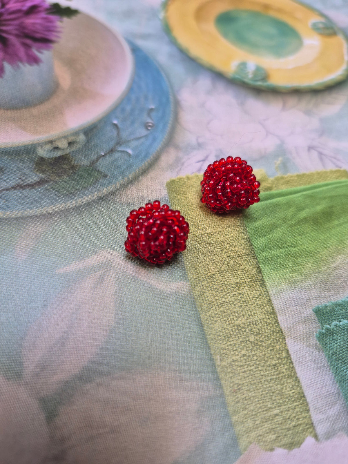 Ruby studs - hand beaded rose flower stud earrings