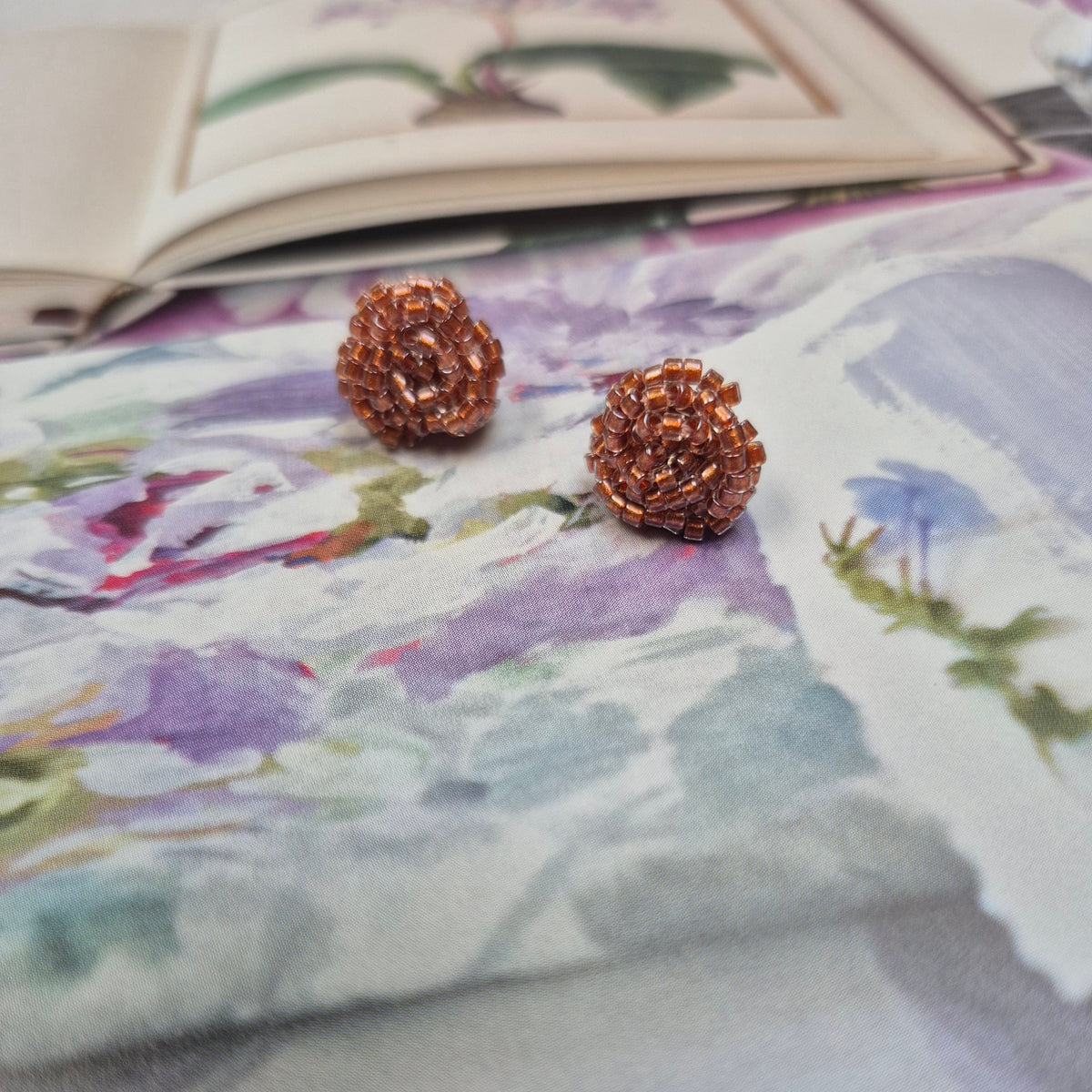 Ruby studs - hand beaded rose flower stud earrings