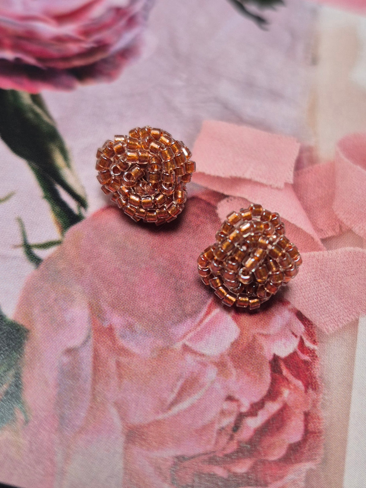 Ruby studs - hand beaded rose flower stud earrings