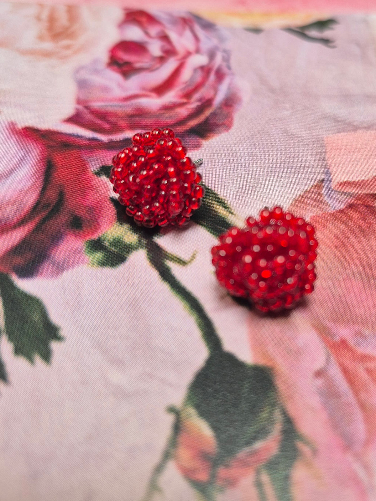Ruby studs - hand beaded rose flower stud earrings
