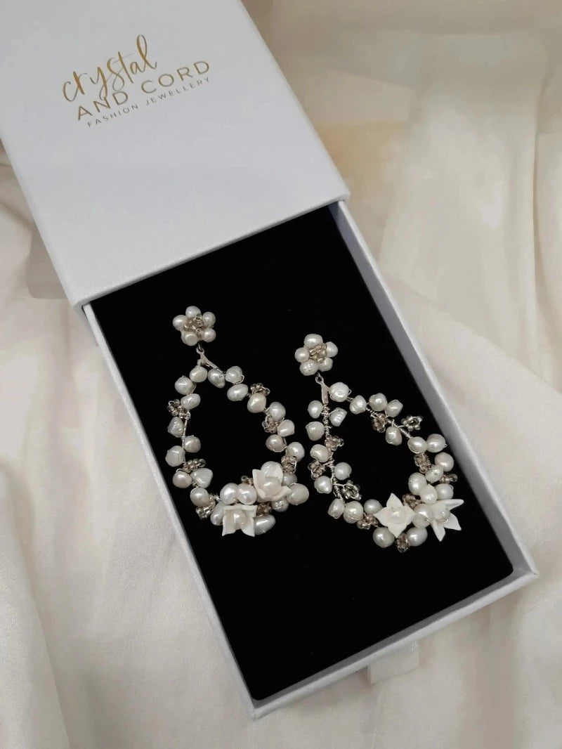 Aalina - polymer clay flowers, white freshwater pearls hoop drop stud earrings