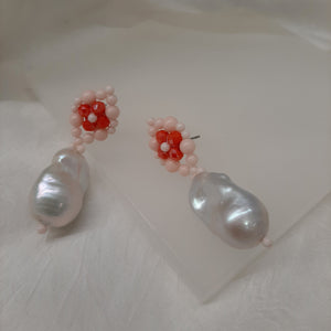 Aimee - hand beaded stud earrings and baroque freshwater pearl drop