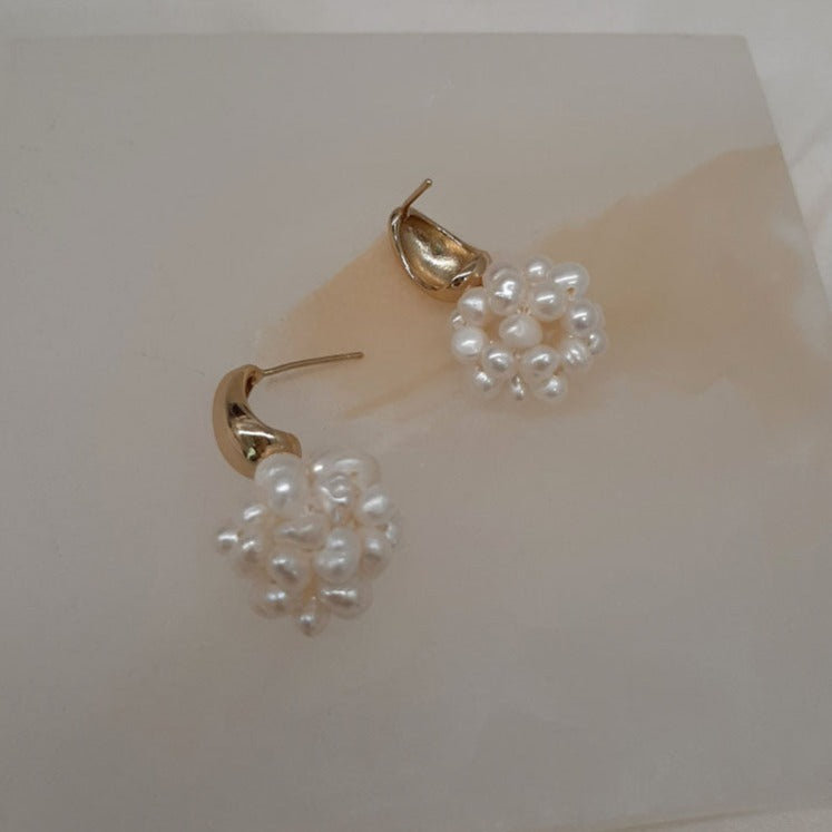 ALLEGRA - natural cultured freshwater pearl cluster ball drop and gold tone droplet stud earrings