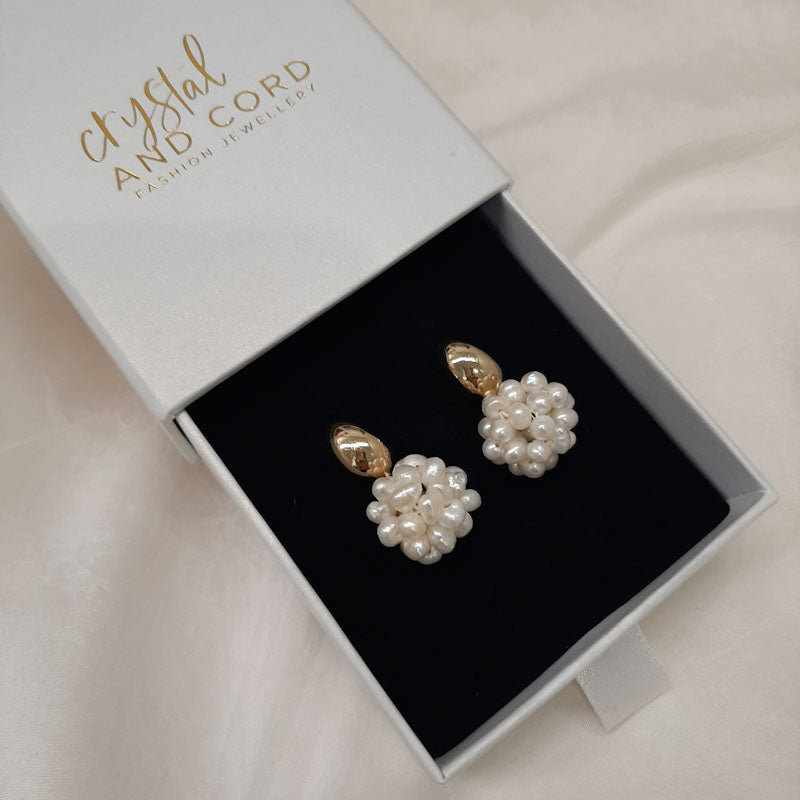 ALLEGRA - natural cultured freshwater pearl cluster ball drop and gold tone droplet stud earrings