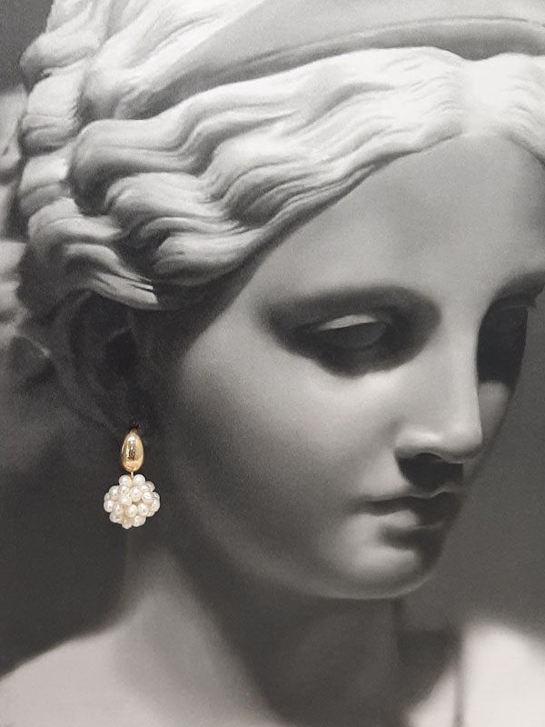 ALLEGRA - natural cultured freshwater pearl cluster ball drop and gold tone droplet stud earrings