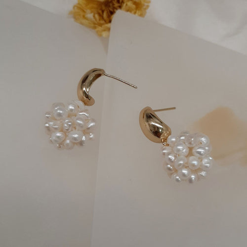 ALLEGRA - natural cultured freshwater pearl cluster ball drop and gold tone droplet stud earrings