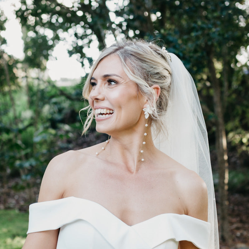 Amanda - lace and tiny seed beads flower shaped stud and pearl cascading earrings