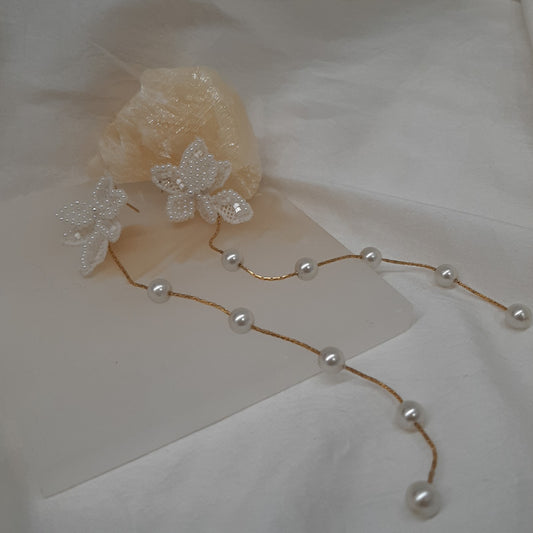 Amanda - lace and tiny seed beads flower shaped stud and pearl cascading earrings