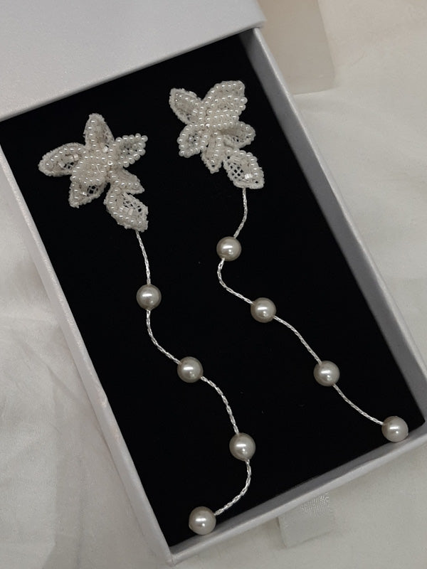 Amanda - lace and tiny seed beads flower shaped stud and pearl cascading earrings