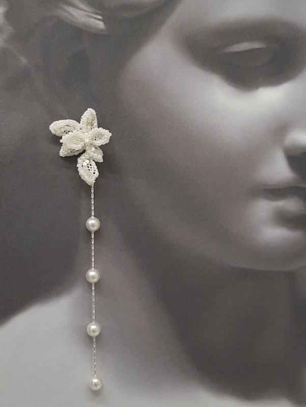 Amanda - lace and tiny seed beads flower shaped stud and pearl cascading earrings