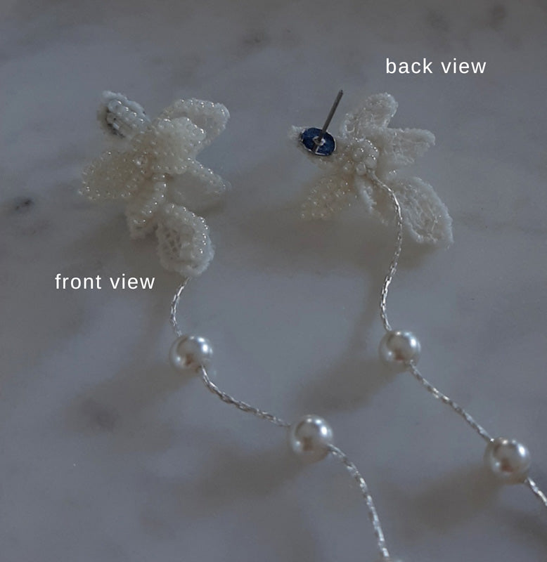 Amanda - lace and tiny seed beads flower shaped stud and pearl cascading earrings