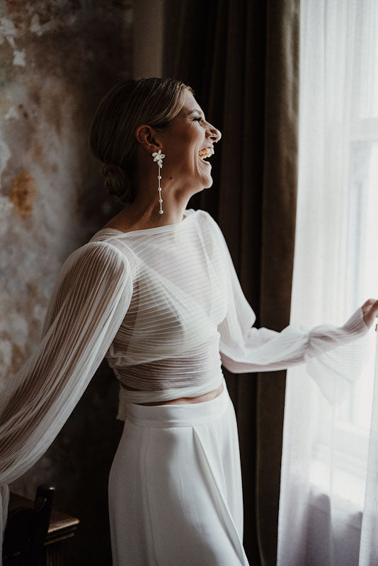 Amanda - lace and tiny seed beads flower shaped stud and pearl cascading earrings