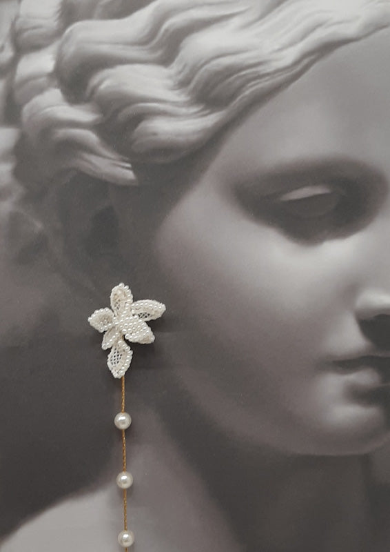 Amanda - lace and tiny seed beads flower shaped stud and pearl cascading earrings