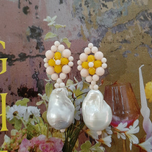 Aimee - hand beaded stud earrings and baroque freshwater pearl drop