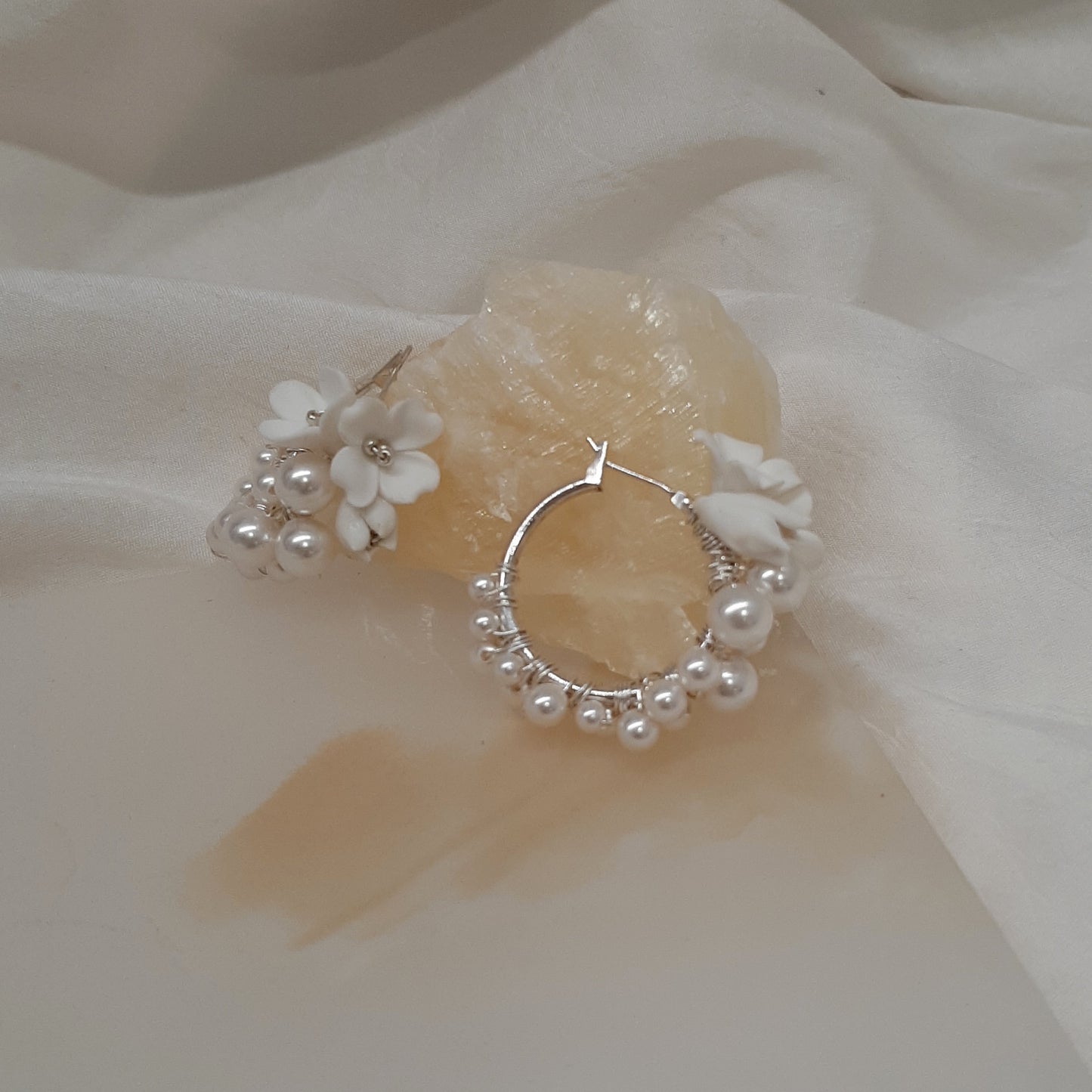 Arielle - handmade polymer clay flowers and crystal pearls hoop earrings