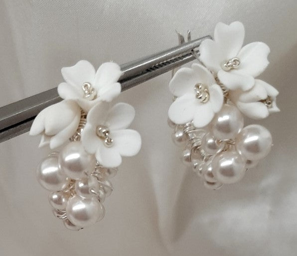 Arielle - handmade polymer clay flowers and crystal pearls hoop earrings