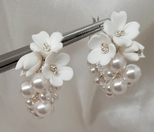 Arielle - handmade polymer clay flowers and crystal pearls hoop earrings