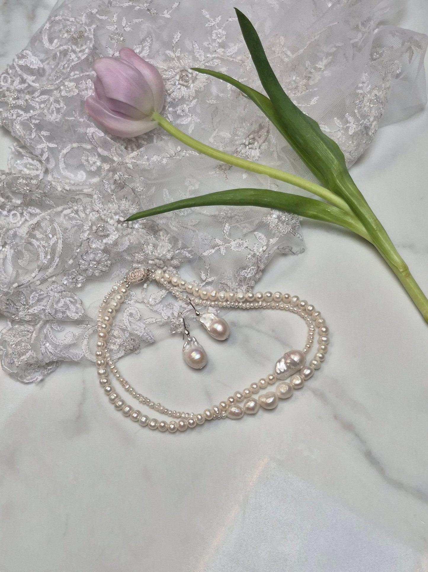 Athena - natural freshwater pearls two strands necklace with baroque pearl