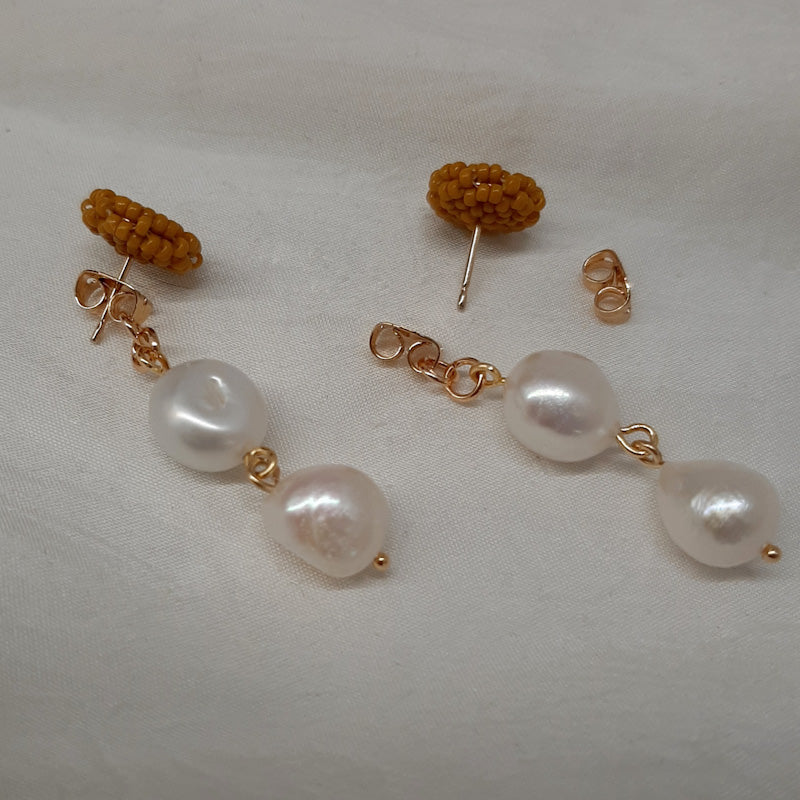 Bridget - seed bead studs and natural cultured freshwater pearls drop earrings