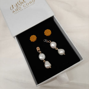 Bridget - seed bead studs and natural cultured freshwater pearls drop earrings