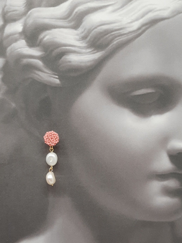 Bridget - seed bead studs and natural cultured freshwater pearls drop earrings